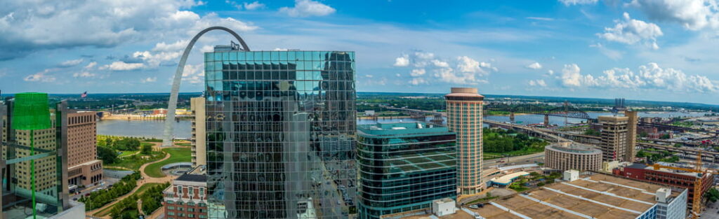 The St. Louis skyline, captured while looking across towards the Mississippi River.