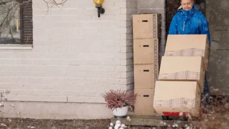 Man moving into a new home during the winter.