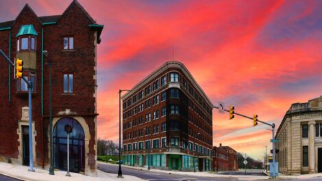 The historic Benton Harbor downtown skyline during sunset.